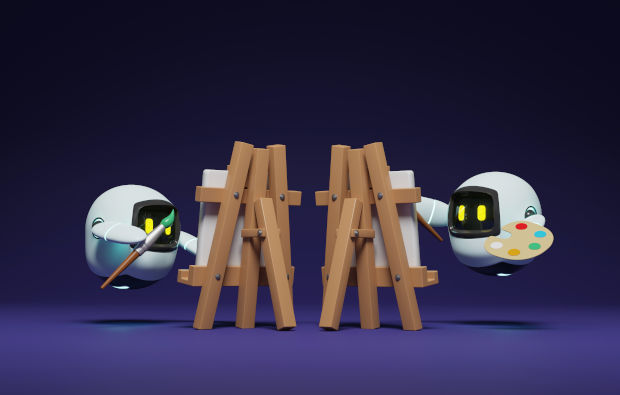 Δύο λευκά ρομποτάκια ζωγραφίζουν σε δύο καμβάδες, κρατώντας πινέλα και παλέτες.